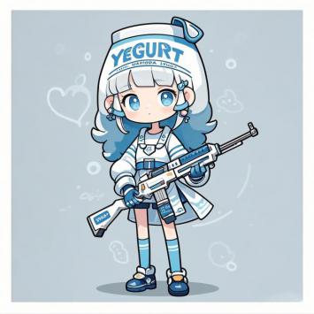 蓝发酸奶少女持枪立绘，赛璐璐风格萌系角色设计