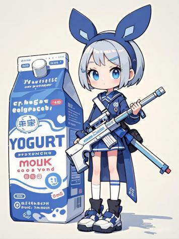 蓝发兔耳少女持枪站酸奶盒旁，赛璐璐动漫风插画