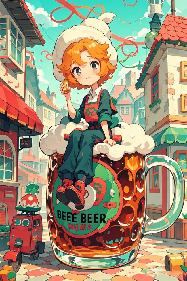 动漫少女坐啤酒杯游欧洲小镇