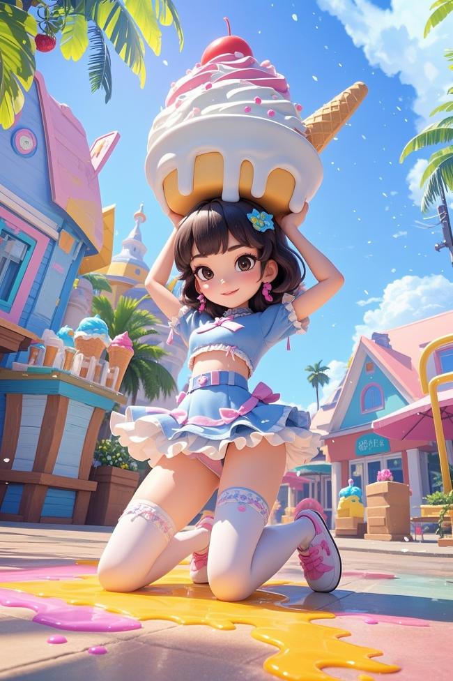 萌系少女扛冰淇淋甜筒街景插画