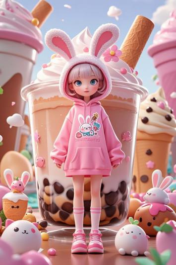 粉色兔耳少女甜品奇境插画