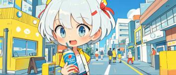 动漫少女街头畅饮插画