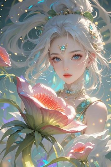 银发仙子持花幻境图