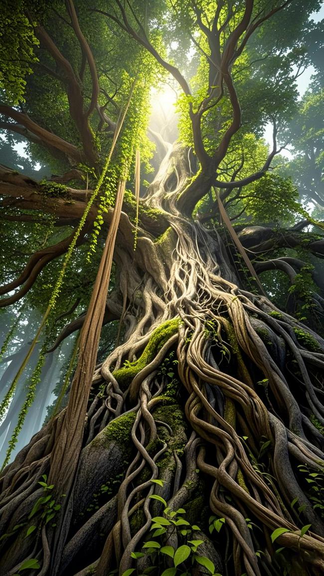 古老巨树光束穿透森林秘境