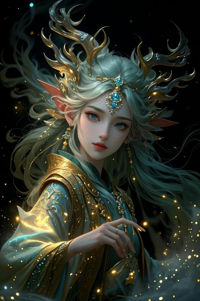 仙侠女神银发鹿冠，星空粒子环绕梦幻场景