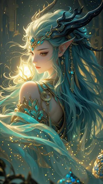 蓝发仙子持光焰，玄幻神殿光影交织