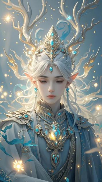 银发仙尊：蓝宝石华服的精灵贵族肖像