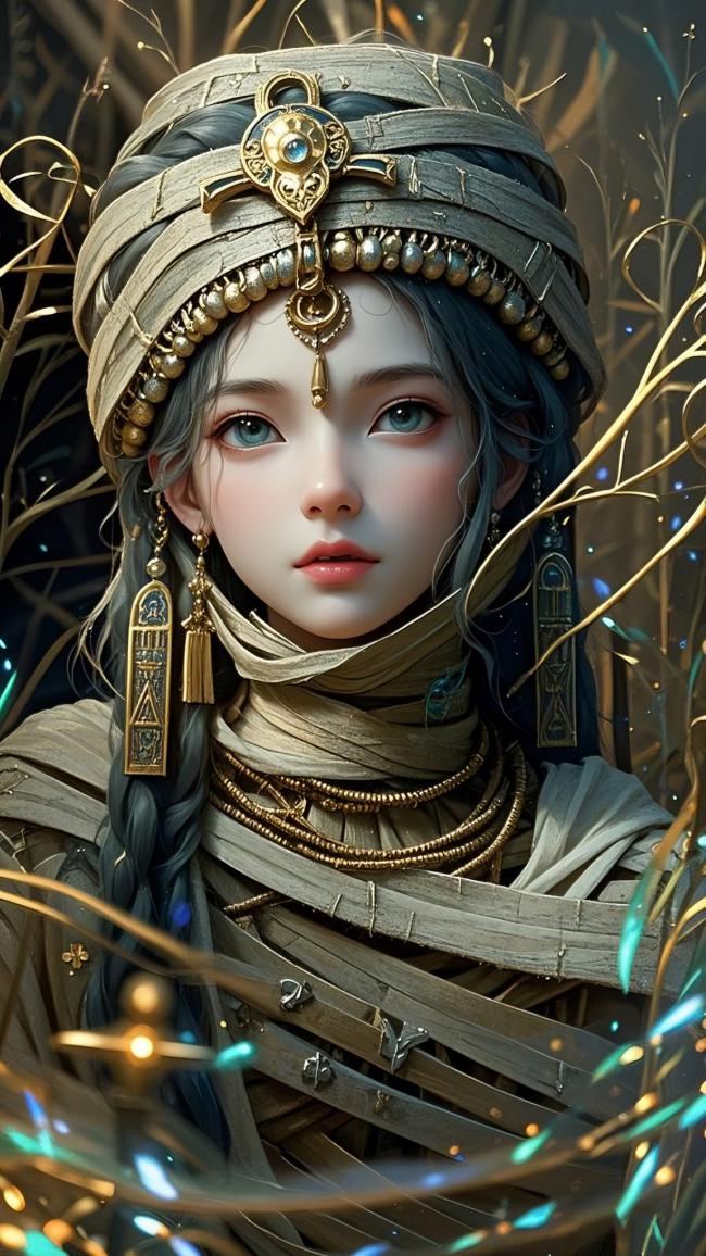 古埃及神祇少女肖像：神秘华服与星光交织