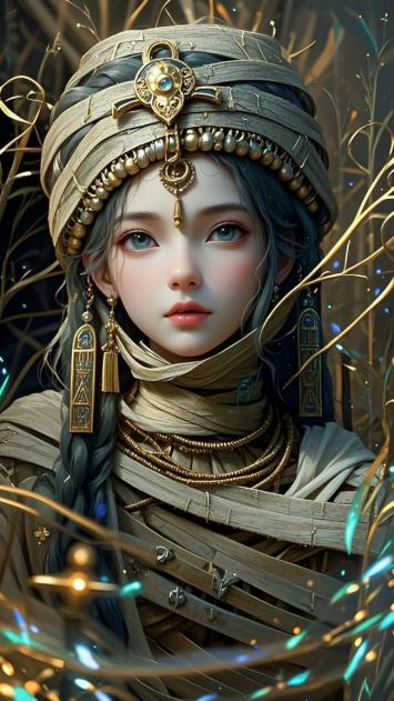 古埃及神祇少女肖像：神秘华服与星光交织