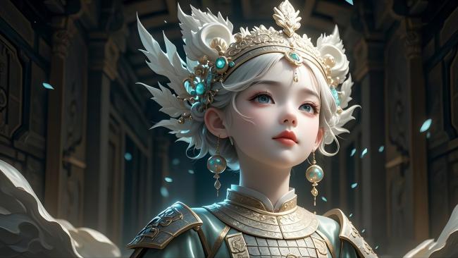 银发仙将立宫阙，蓝宝冠冕映华光