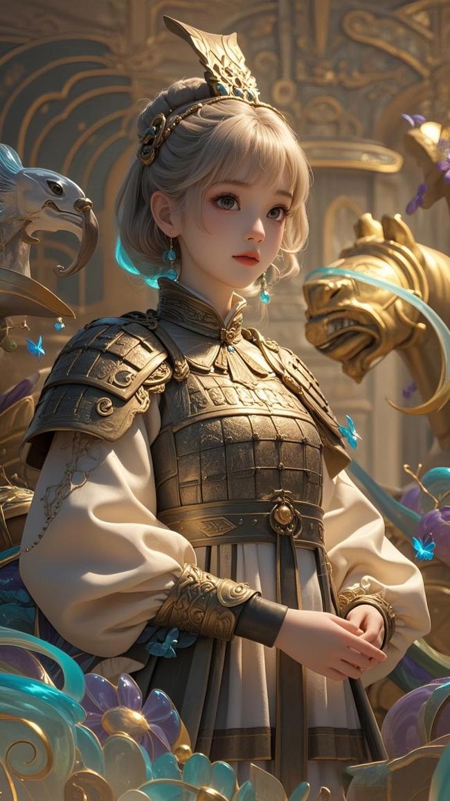 仙侠女将立于神殿，蓝蝶流光环绕