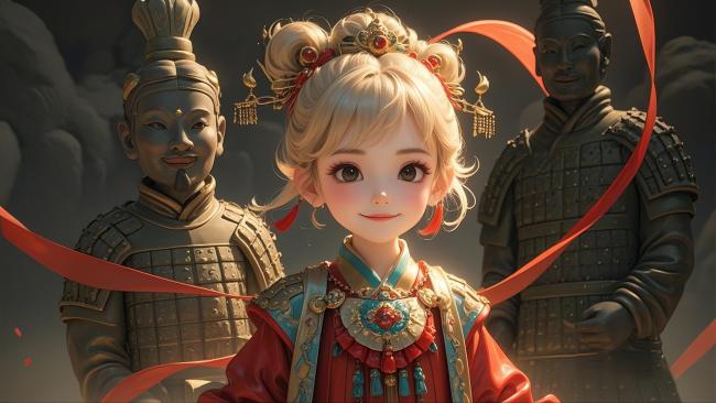 汉服少女邂逅秦俑，水墨动漫风奇幻写真