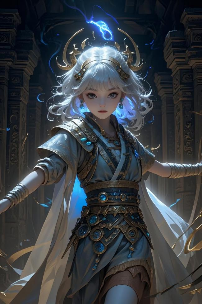 银发女神立于神殿，蓝电环绕，仙侠玄幻风8K巨作
