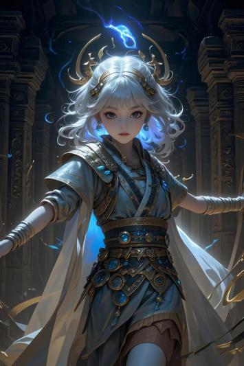银发女神立于神殿，蓝电环绕，仙侠玄幻风8K巨作