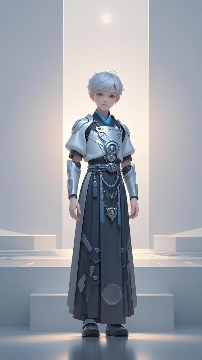 银发少年科幻战甲立绘，极简空间光影效果