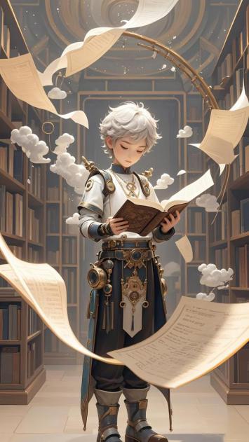 蒸汽朋克少年在魔法图书馆中阅读的奇幻场景