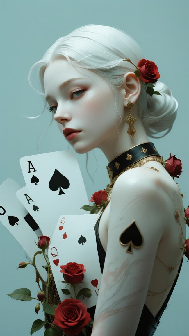 白发女郎持牌玫瑰写真风