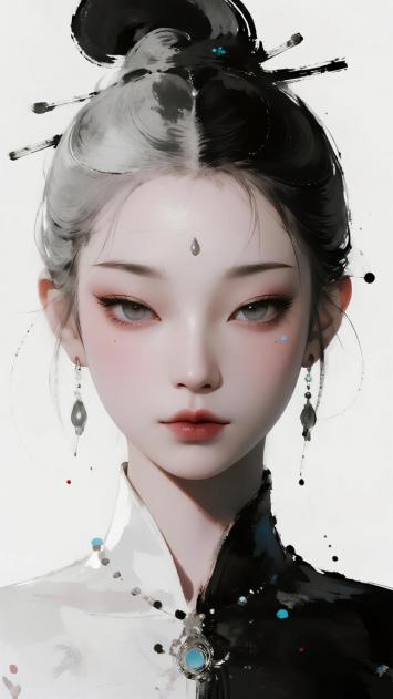古风仕女水墨肖像，黑白墨染发髻配蓝宝扣饰