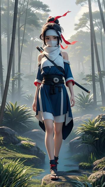 晨雾竹林中的忍者少女插画