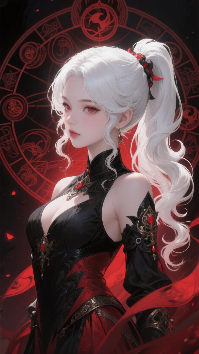 白发红瞳仙侠女战士，黑红战衣配魔法阵背景