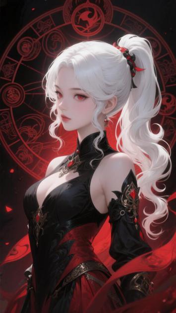 白发红瞳仙侠女战士，黑红战衣配魔法阵背景