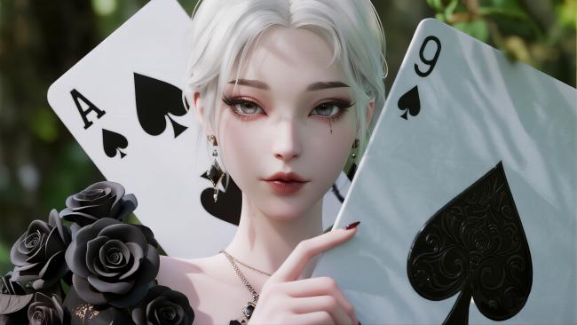 银发少女持黑桃牌，泪眼凝视的写实3D插画