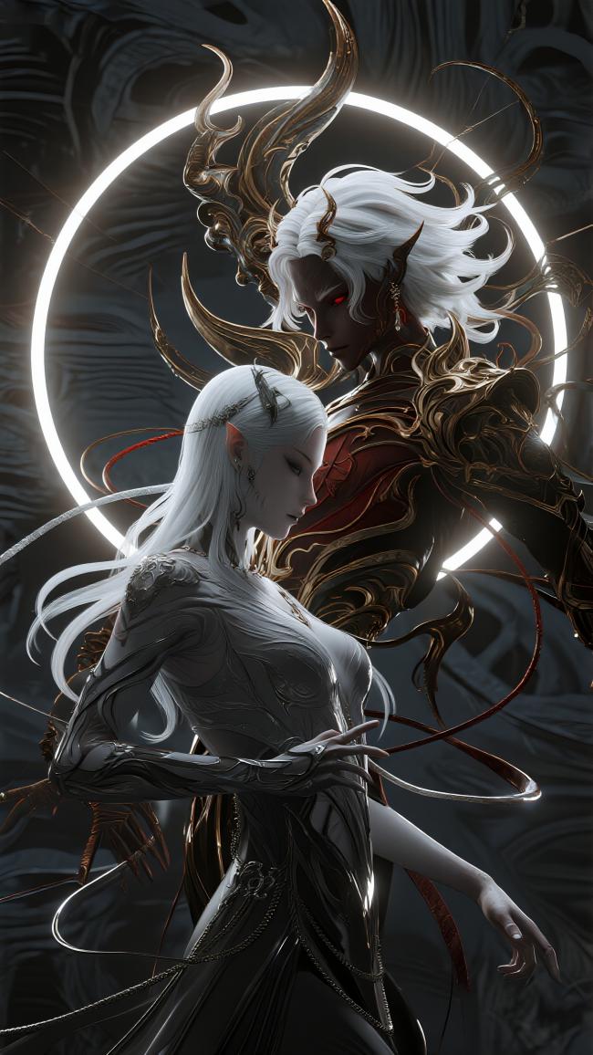 银发魔神与银甲少女的仙侠对决场景