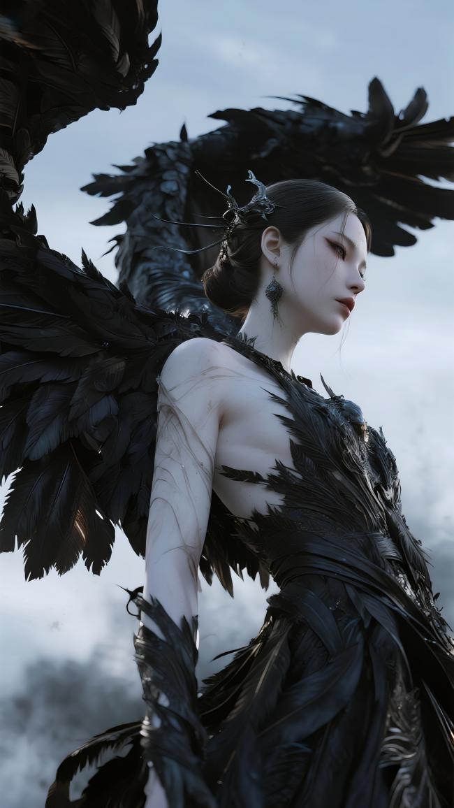 黑羽天使侧颜写真：冷艳神秘的羽翼女神