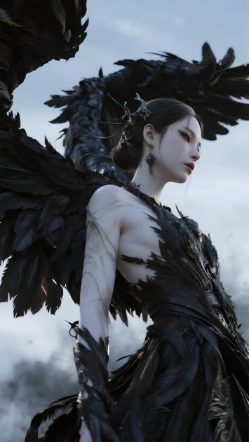 黑羽天使侧颜写真：冷艳神秘的羽翼女神