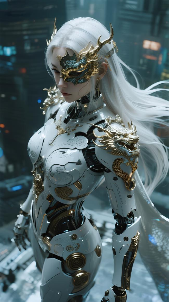 赛博朋克龙女机甲战士夜景插画