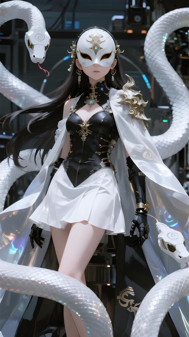 赛博朋克白蛇女战士：面具与机械的科幻美学