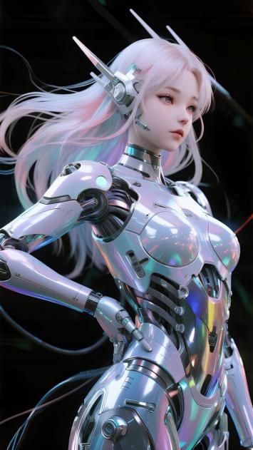 赛博格银发女战士：霓虹金属科幻风