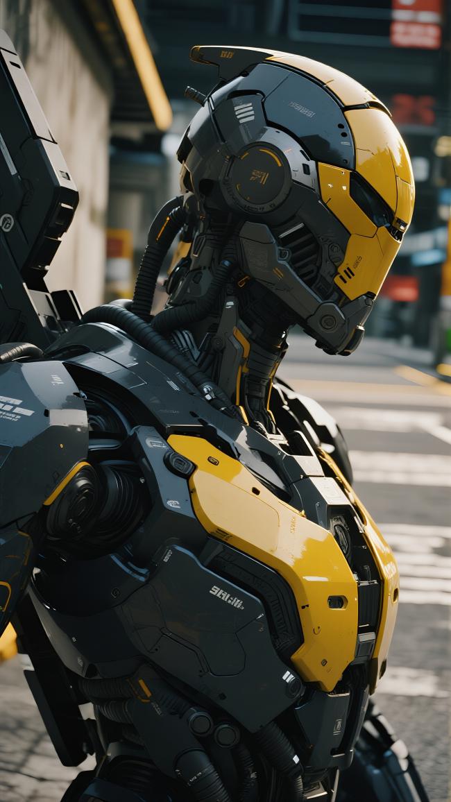 赛博朋克机甲战士城市街景特写