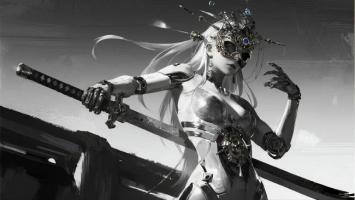 赛博朋克银发女战士持剑插画