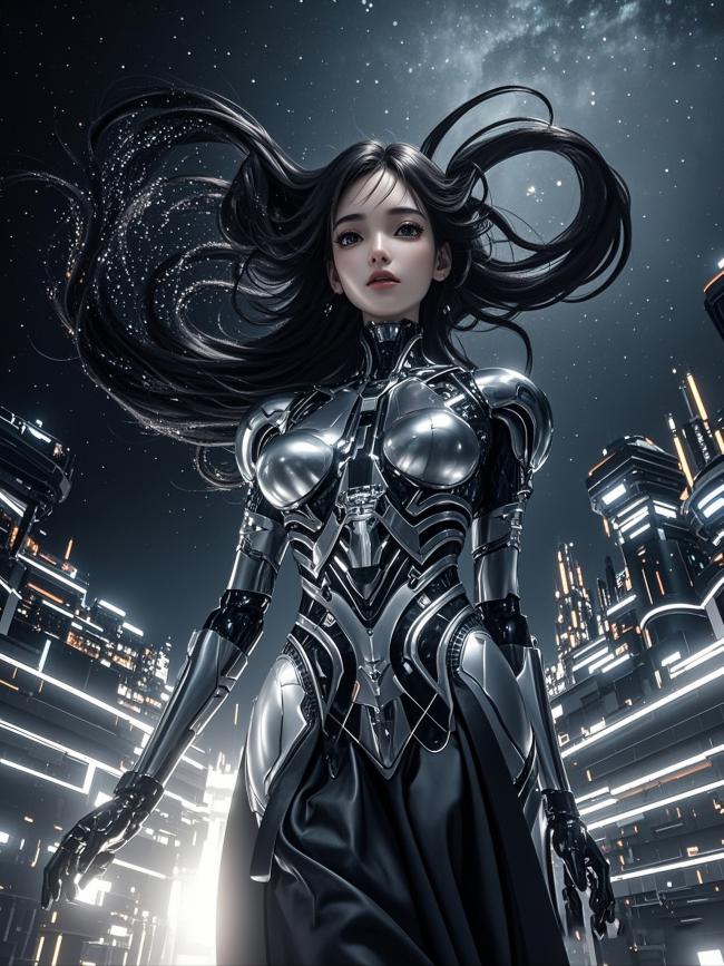 赛博朋克女战士立于霓虹都市夜空下