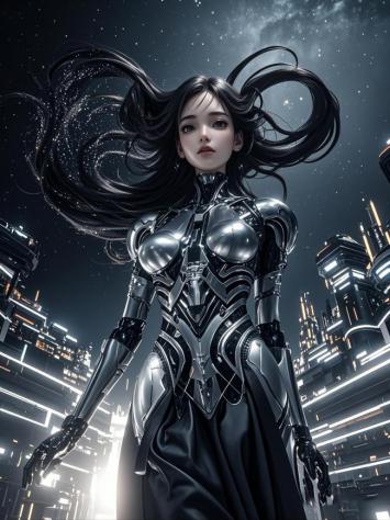 赛博朋克女战士立于霓虹都市夜空下