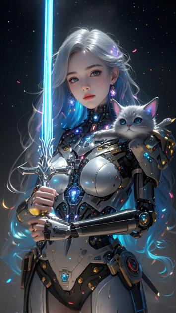 赛博朋克女战士持光剑抱机械猫
