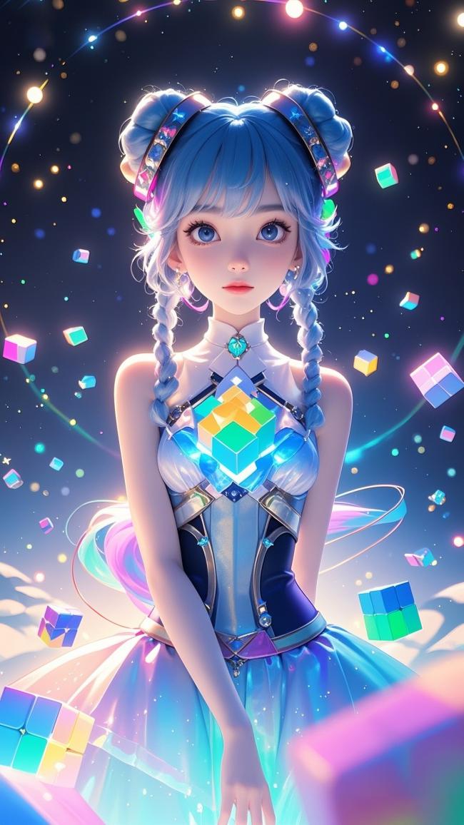 蓝发少女赛博朋克幻想插画