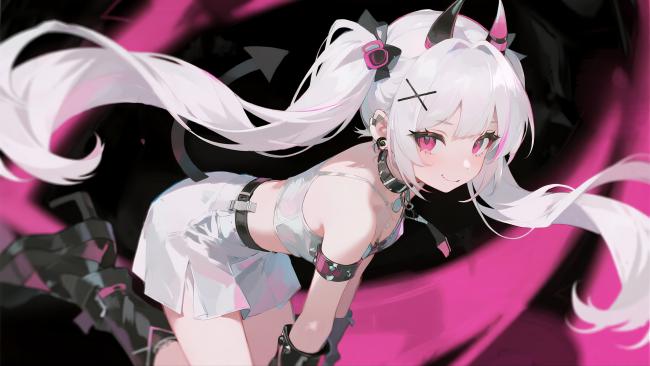 白发猫耳少女赛璐璐插画，粉色漩涡动感背景