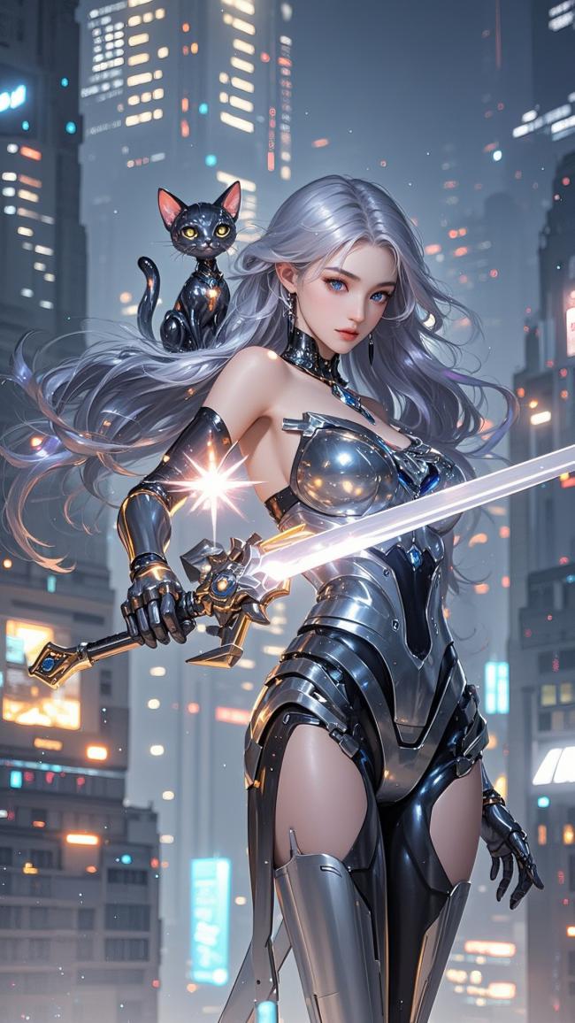 赛博朋克银发女战士持剑与黑猫共舞霓虹城