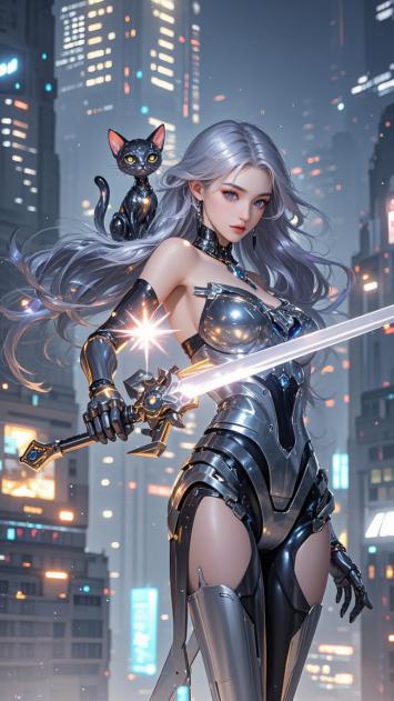 赛博朋克银发女战士持剑与黑猫共舞霓虹城
