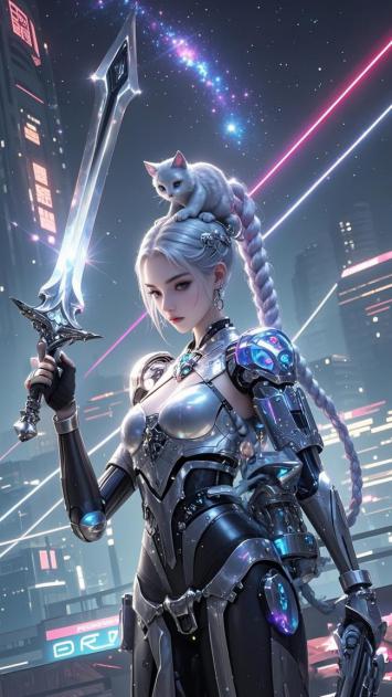 赛博朋克女战士持剑与白猫共舞霓虹夜空