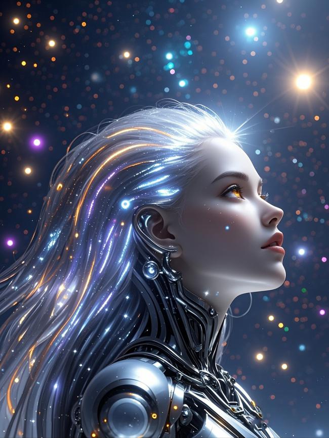 赛博朋克银发女战士仰望星海