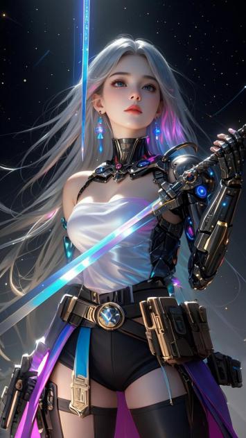 赛博朋克银发女战士持光剑星际作战图