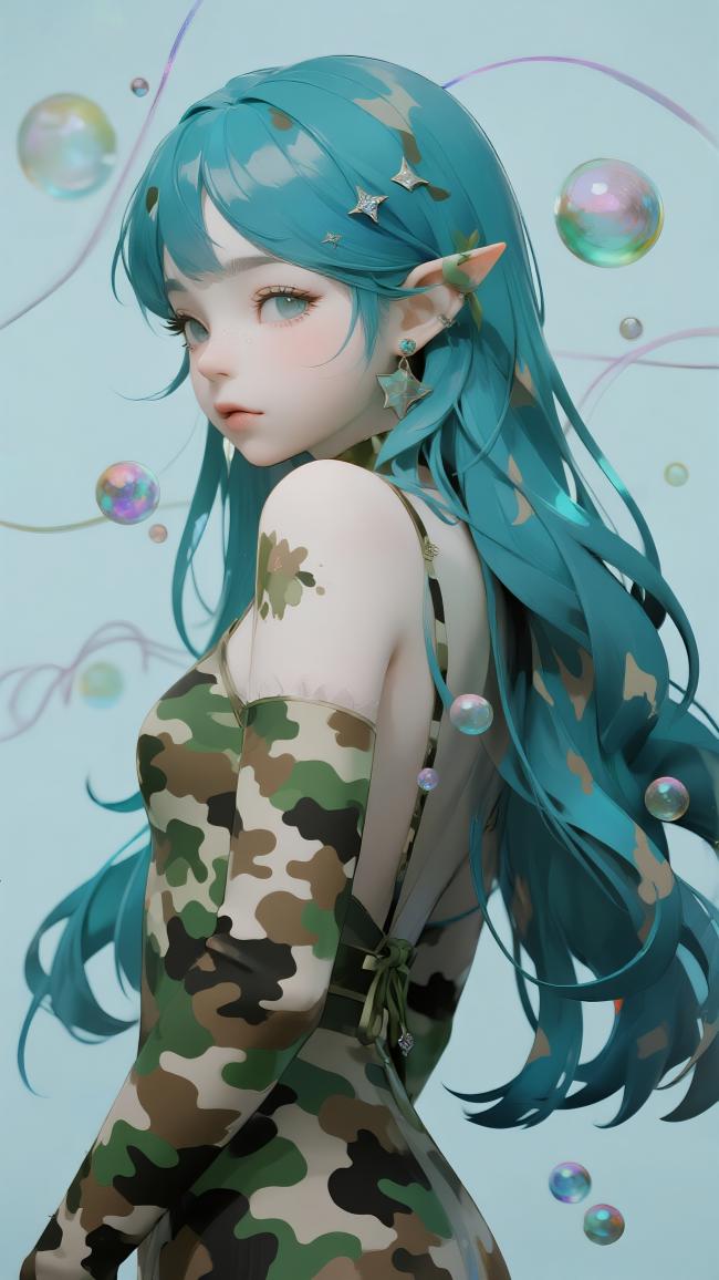蓝发精灵少女迷彩幻境插画
