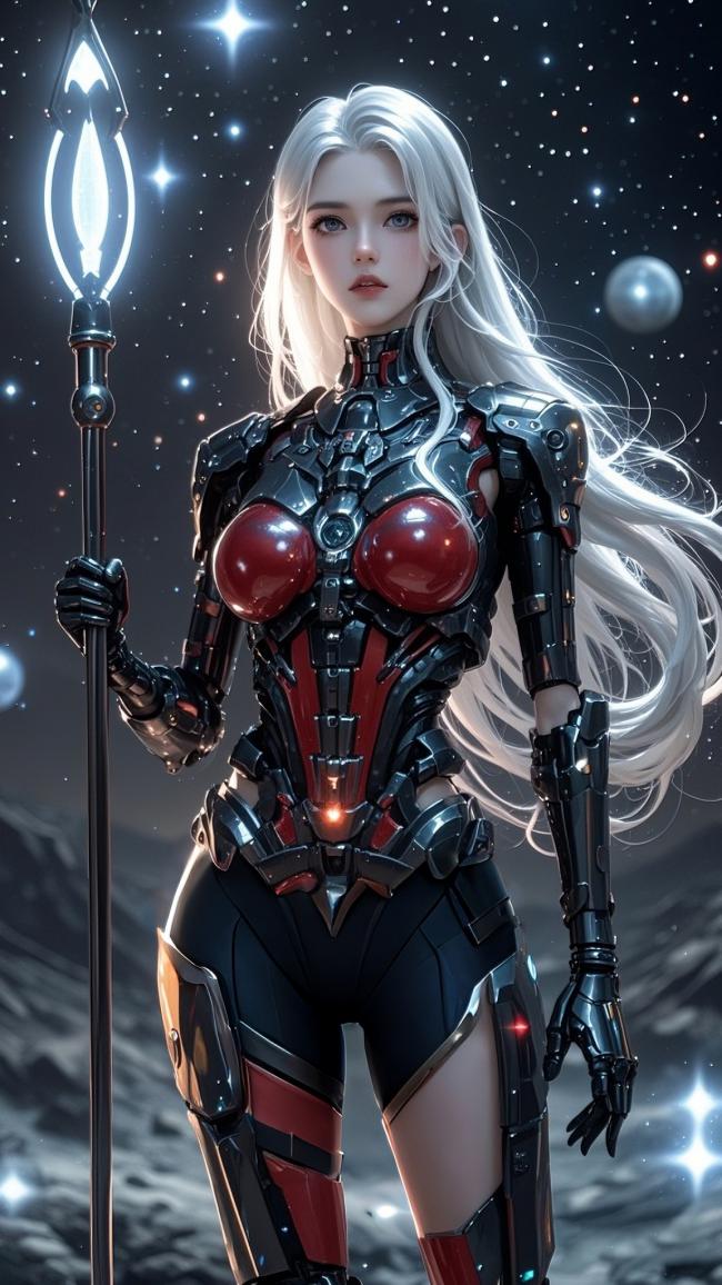 赛博朋克银发女战士持光杖立于星海
