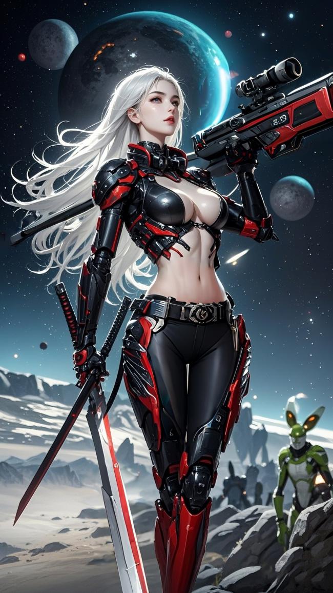 赛博朋克女战士持枪立于异星荒原