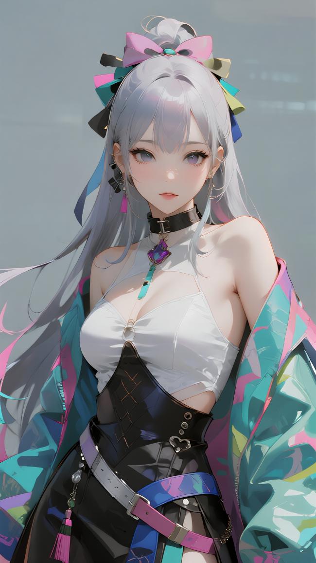 银发少女二次元立绘插画，未来和风混搭造型