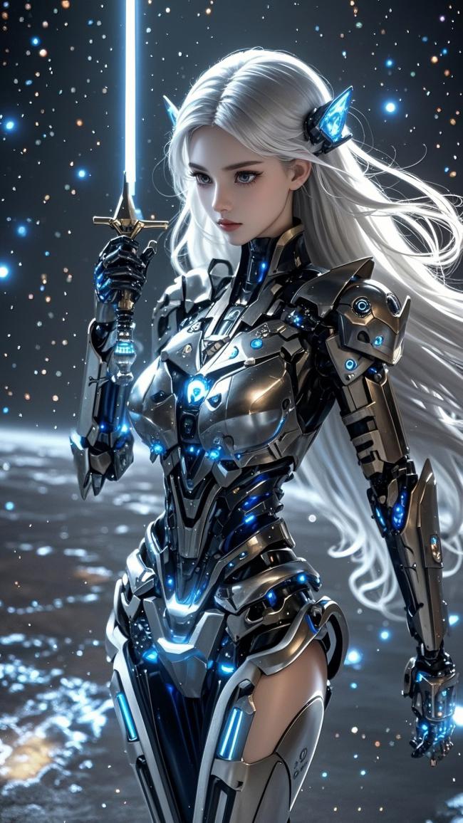 银发机甲女战士持光剑立于星空之下