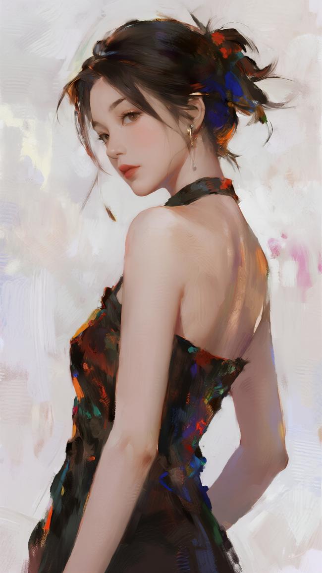 油画风东方少女回眸肖像